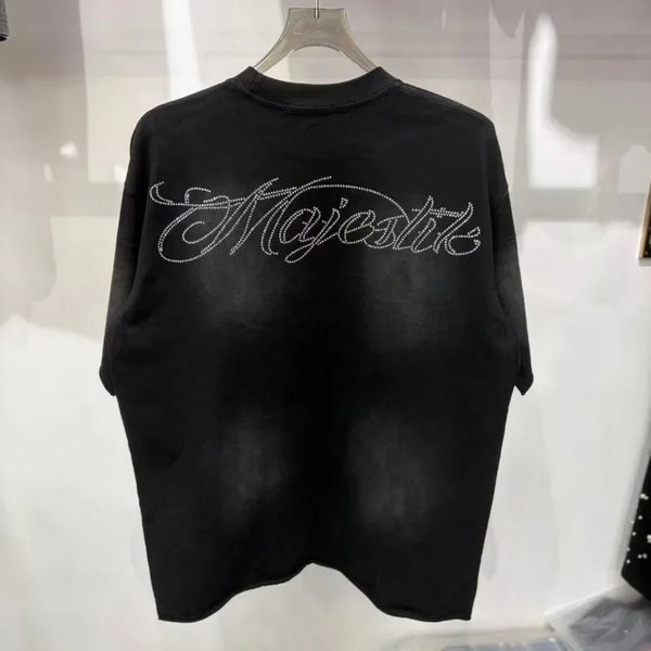 Sustainable cotton sleeveless tee with premium rhinestone letters