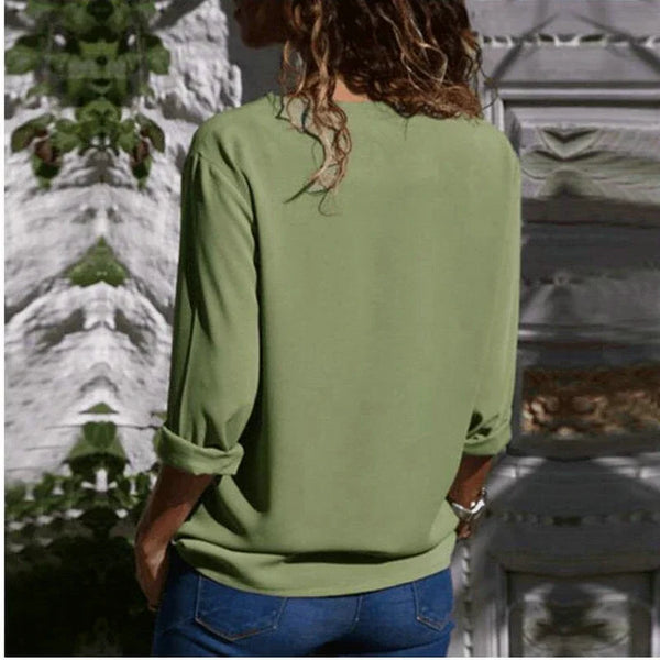Elegant long sleeve office blouse for women, double-breasted, slim fit, versatile for business attire in various colors.