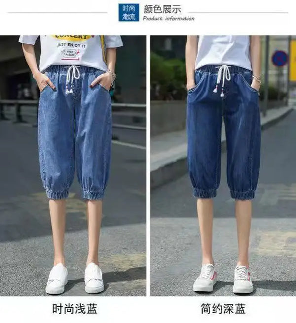 High-waist harem style jeans in calf-length cut with stretchy cotton blend