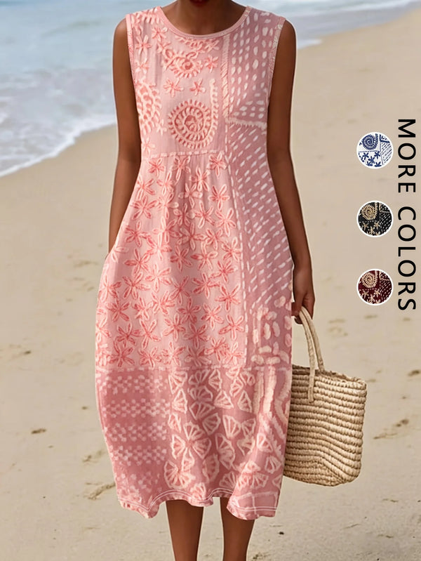 Woman twirling in floral midi sundress showing flowing silhouette