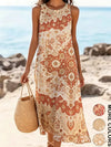 Woman in floral bohemian sundress at outdoor farmer's market