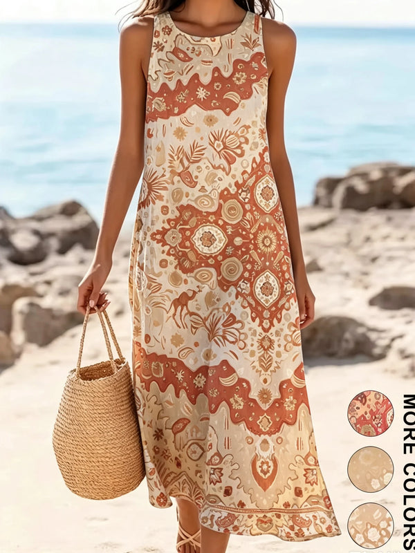 Woman in floral bohemian sundress at outdoor farmer's market