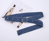 Chic wide denim belt with pin buckle for women, perfect for casual and semi-formal outfits, enhancing your waistline.