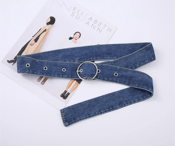 Chic wide denim belt with pin buckle for women, perfect for casual and semi-formal outfits, enhancing your waistline.