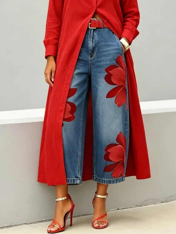 Women's high-rise cropped wide leg denim jeans with vintage button fly and floral bloom texture