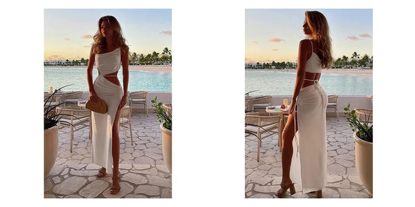 Lightweight vacation dress featuring diagonal neckline and split detail