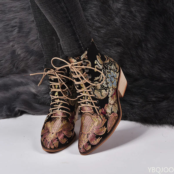Golden Bloom boots featuring hand-inspired floral patterns and cushioned block heel
