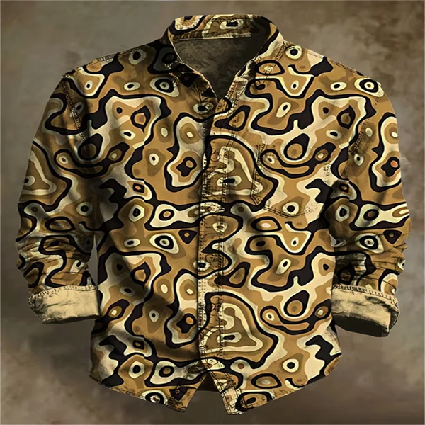 Long sleeve button-up featuring intricate psychedelic mandala in vibrant rainbow colors