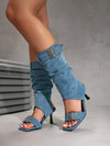 Stylish stiletto boots featuring dual-texture denim and suede combo