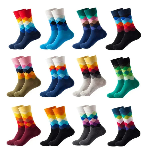 Men's colorful dress socks with lively patterns, ideal for office wear.