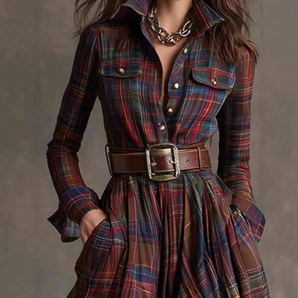 Model wearing the Autumn Whispers Plaid Maxi dress, highlighting its flattering silhouette and deep pockets.