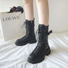 Chic mid-calf motorcycle boots for women, featuring lace-up closure, non-slip outsole, and stylish PU leather design.