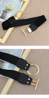 Chic elastic waist belt with round metal buckle, perfect for women's casual and formal outfits, crafted from PU leather.