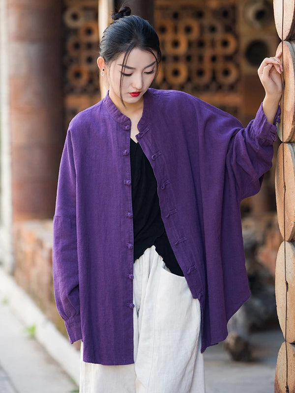 Lightweight cotton linen coat for women with elegant stand collar and natural drape