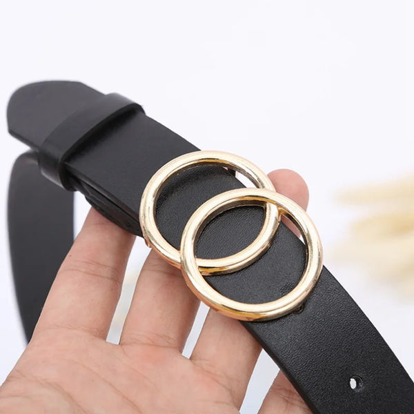 Chic double ring PU leather belt for women in classic black, perfect for jeans and dresses, stylish and adjustable accessory.