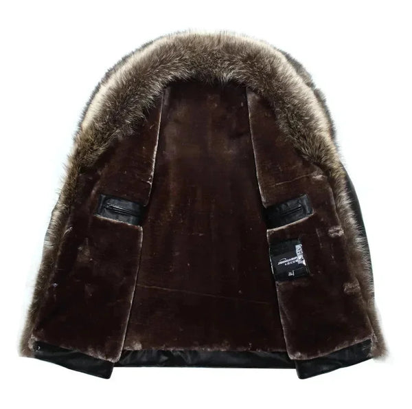 Close-up of raccoon fur collar on men's leather jacket.
