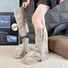 Women's knee-high zippered riding boots with flannel lining and stacked heel, perfect for autumn and spring fashion.