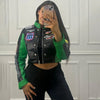 Chic PU leather Y2K motorcycle jacket for women, featuring trendy letter print and slim fit, perfect for casual outings.