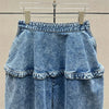 Light wash denim jeans featuring early 2000s style wide leg cut and ankle length