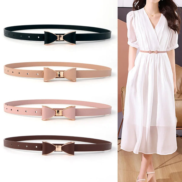 Elegant women's belt with bow detail in faux leather, perfect for casual and formal outfits, featuring a sleek metal buckle.