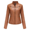 Chic women's slim leather biker jacket with zip detail, stand-up collar, and tailored fit for a stylish urban look.