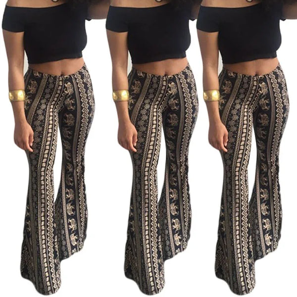 Bohemian flare leg pants for women with vibrant floral print, perfect for casual or festival wear in spring and summer.