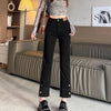 Chic high waist straight leg jeans for women in distressed wash, perfect for casual outings and office wear.