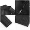 Women's slim fit PU leather motorcycle jacket in black, windproof, durable polyester blend for stylish riding comfort.