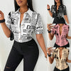 Chic Newspaper Print Blouse with V-neck and short sleeves, perfect for casual or office wear in lightweight polyester.