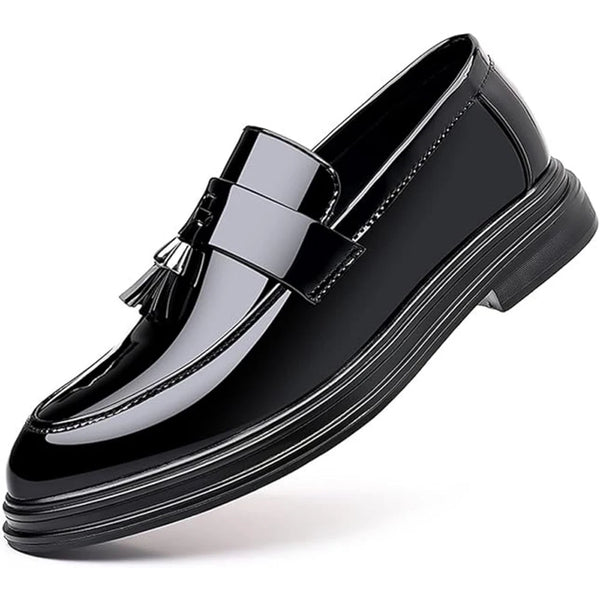 Waterproof black dress loafers featuring decorative tassels and durable rubber outsole for all-day comfort