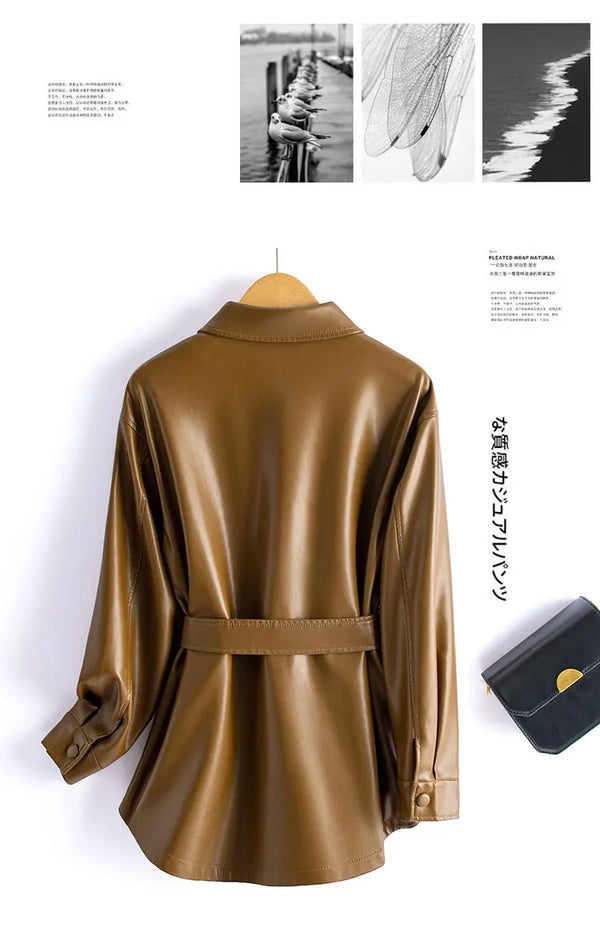 Chic sheepskin leather jacket for women with turn-down collar, lace-up belt, and adjustable waist for a stylish fit.