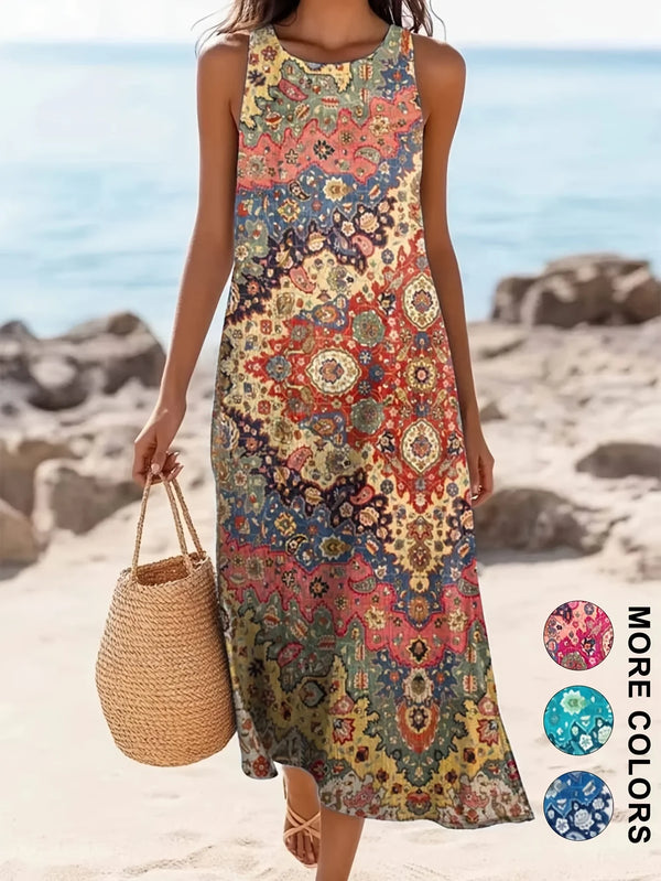 Sweetheart Bohemian Floral Midi Sundress with Pockets in vibrant floral print