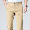Side view of breathable business pants showing sleek silhouette and sophisticated drape