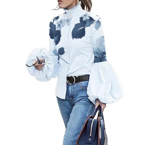 Elegant floral puff sleeve blouse for women in high-neck style, perfect for casual and office wear, made from premium polyest