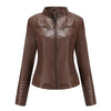 Chic women's slim leather biker jacket with zip detail, stand-up collar, and tailored fit for a stylish urban look.