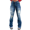 Chic light blue ripped flared jeans for women, featuring a high waist, deep pockets, and a stylish retro design.