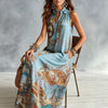 Comfortable summer maxi dress with flowing fabric, vibrant digital print, and sophisticated turn-down collar
