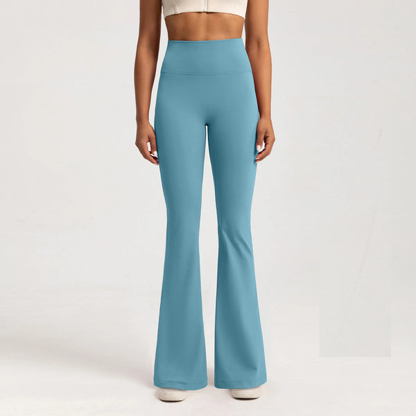 Full-length view of stylish high-waist wide-leg yoga pants in navy blue.