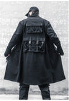 Men's black long trench coat with multi pockets, stylish gothic punk design, perfect for autumn and spring streetwear.