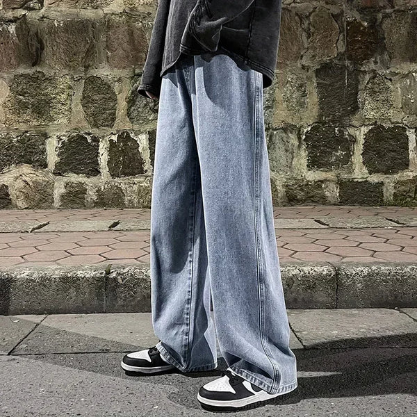 Premium quality straight wide-leg jeans in classic black denim for men