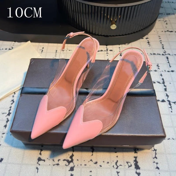 Crystal-clear pumps with pointed toe and thin high heel design