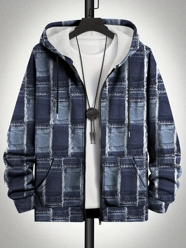 Vintage patchwork zip-up hoodie for men with distinctive plaid pattern and comfortable fit