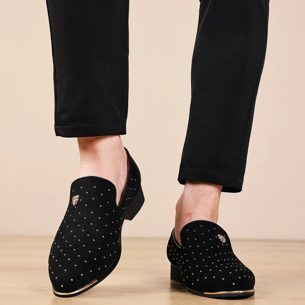 Close-up of soft microfiber suede upper of men's loafers, showcasing quality craftsmanship.