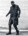 Men's black long trench coat with multi pockets, stylish gothic punk design, perfect for autumn and spring streetwear.