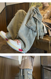 Men's coated denim jeans with a relaxed fit and drawstring waist.