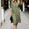 Long sleeve button-down dress with feminine floral pattern and lapel detail