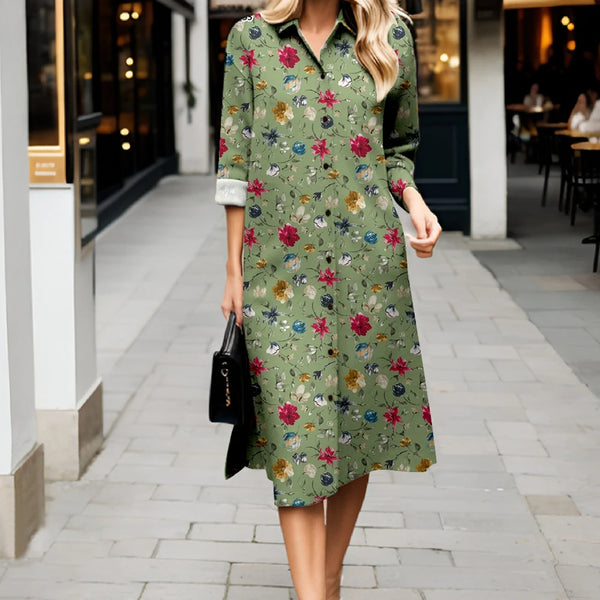 Long sleeve button-down dress with feminine floral pattern and lapel detail