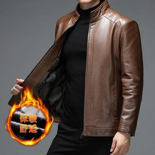Classic goatskin leather jacket for men, lightweight, stylish, with stand collar and zipper, perfect for casual or business w