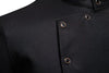Vintage-style men's casual dress shirt with stand collar, irregular hem, and solid pattern for versatile wear.