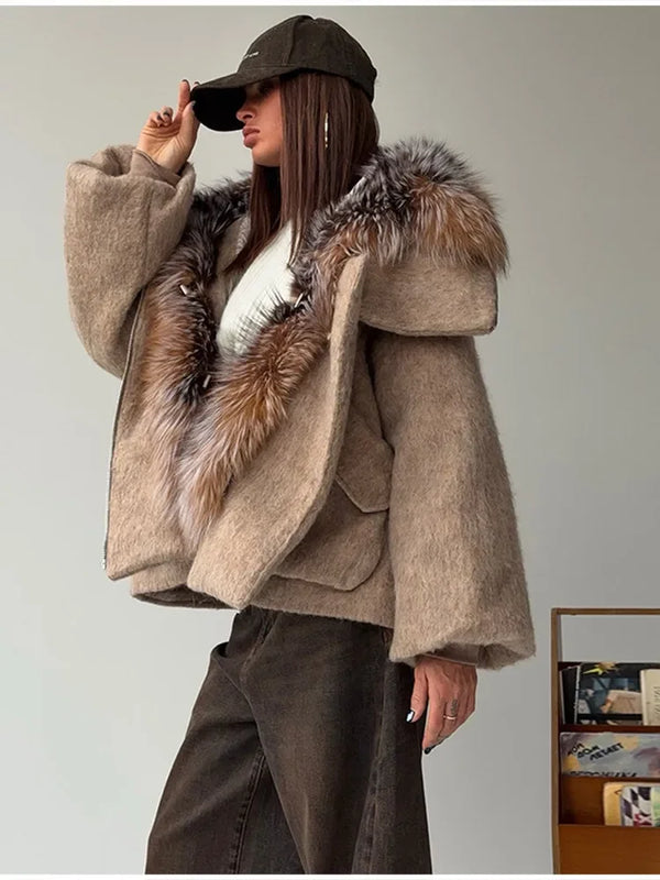 Full-length view of Cozy Rebellion oversized hooded jacket
